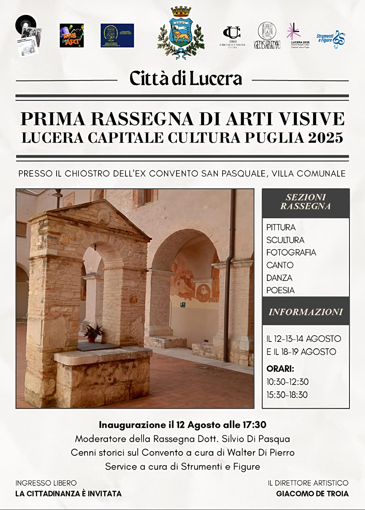 Locandina della Prima Rassegna di Arti Visive — Lucera Capitale Cultura Puglia 2025, di cui Giacomo De Troia è Direttore Artistico