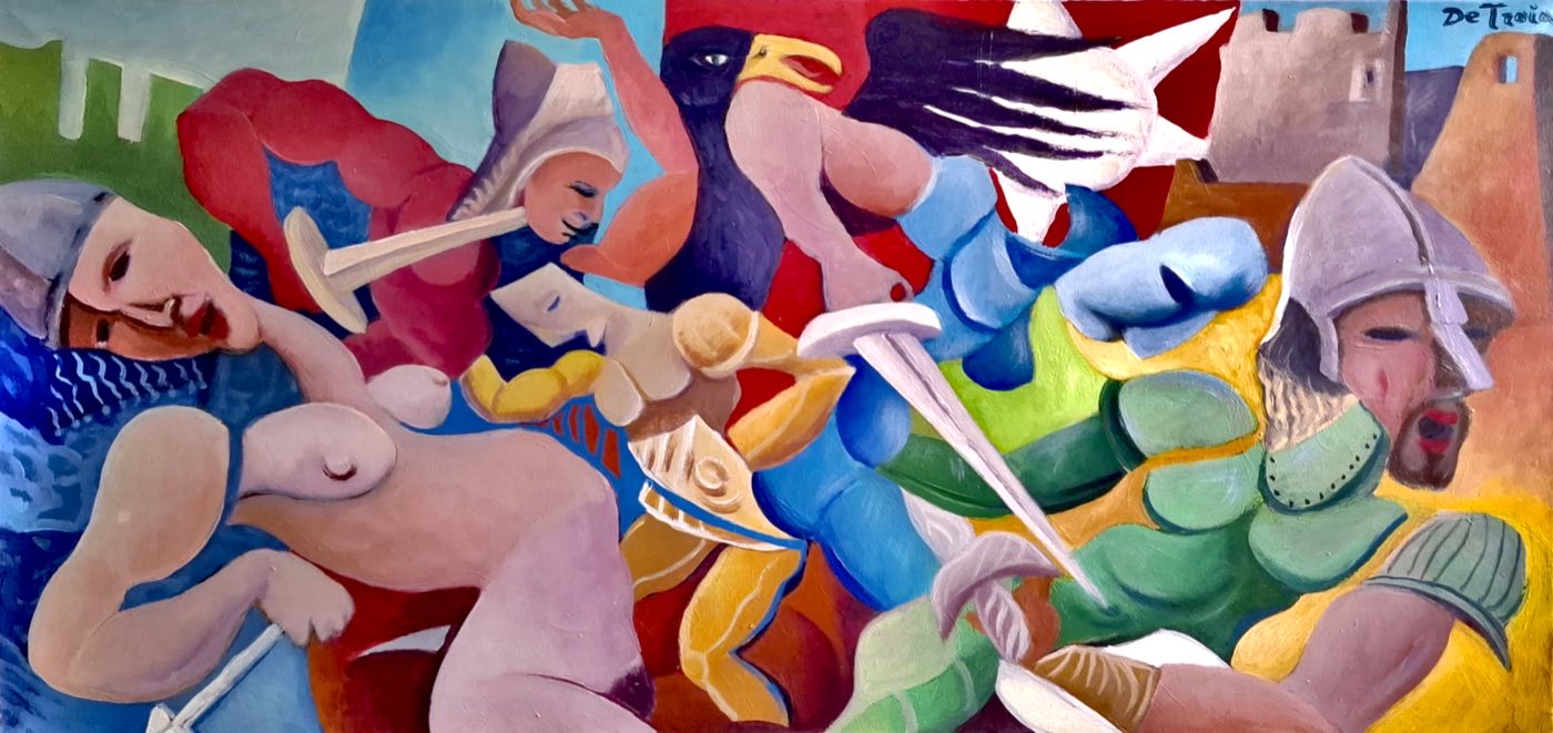 Il Conflitto, dipinto ad acrilico su tela di Giacomo De Troia, 90×46 cm