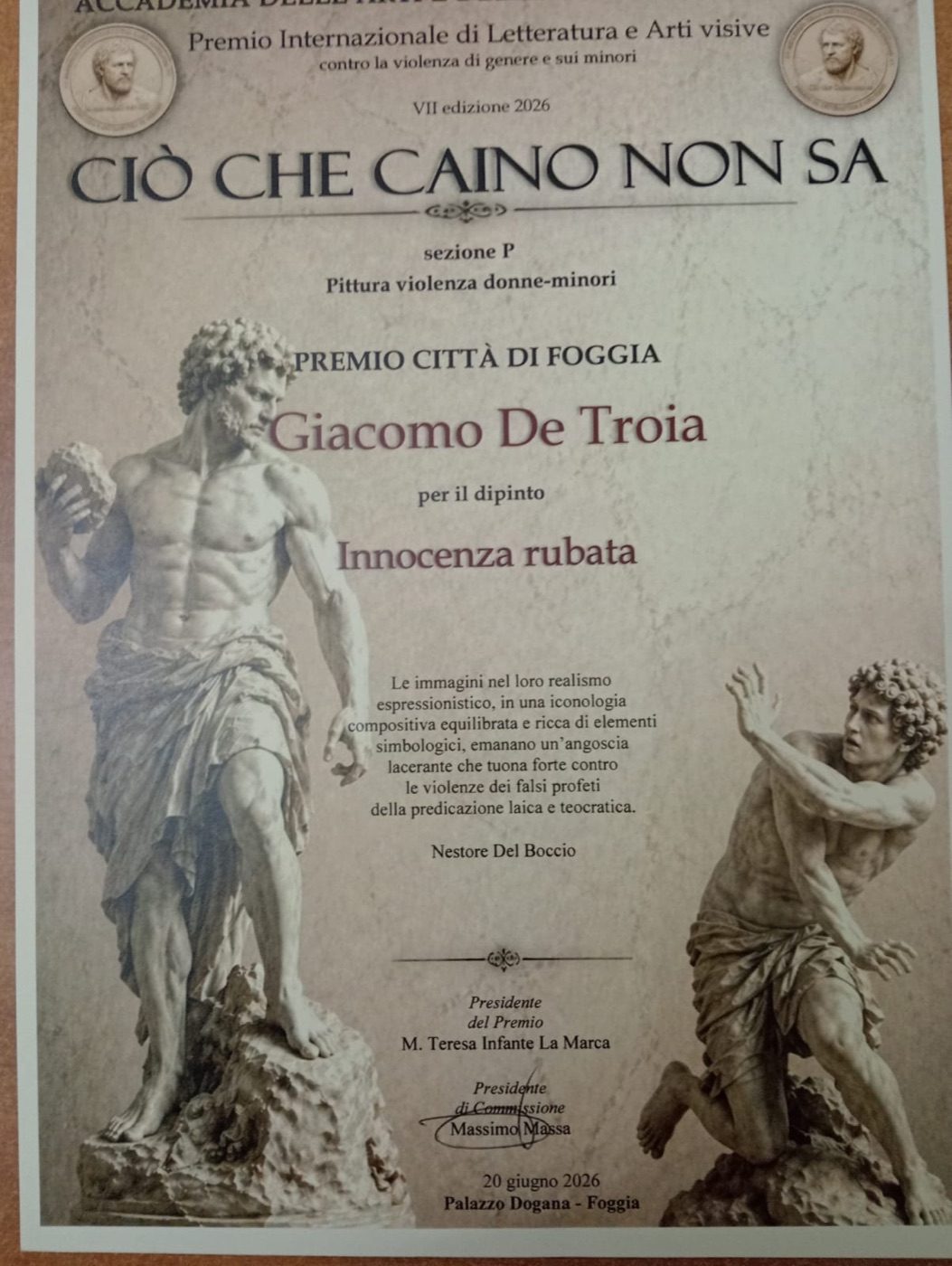 Attestato Premio Città di Foggia — Ciò che Caino non sa 2026