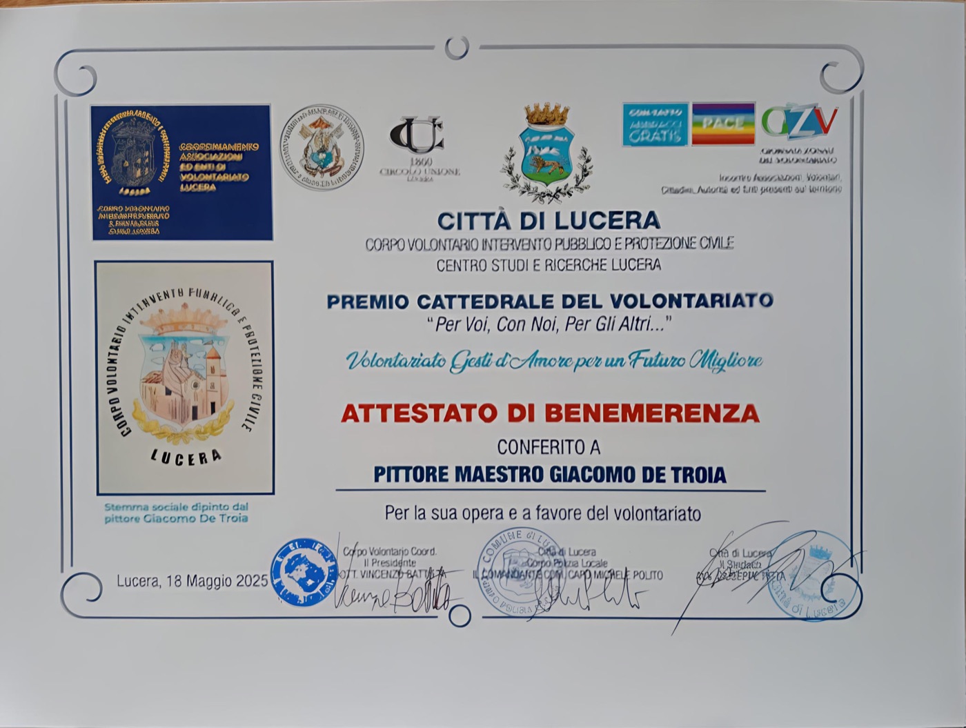 Attestato di Benemerenza Premio Cattedrale del Volontariato — Giacomo De Troia