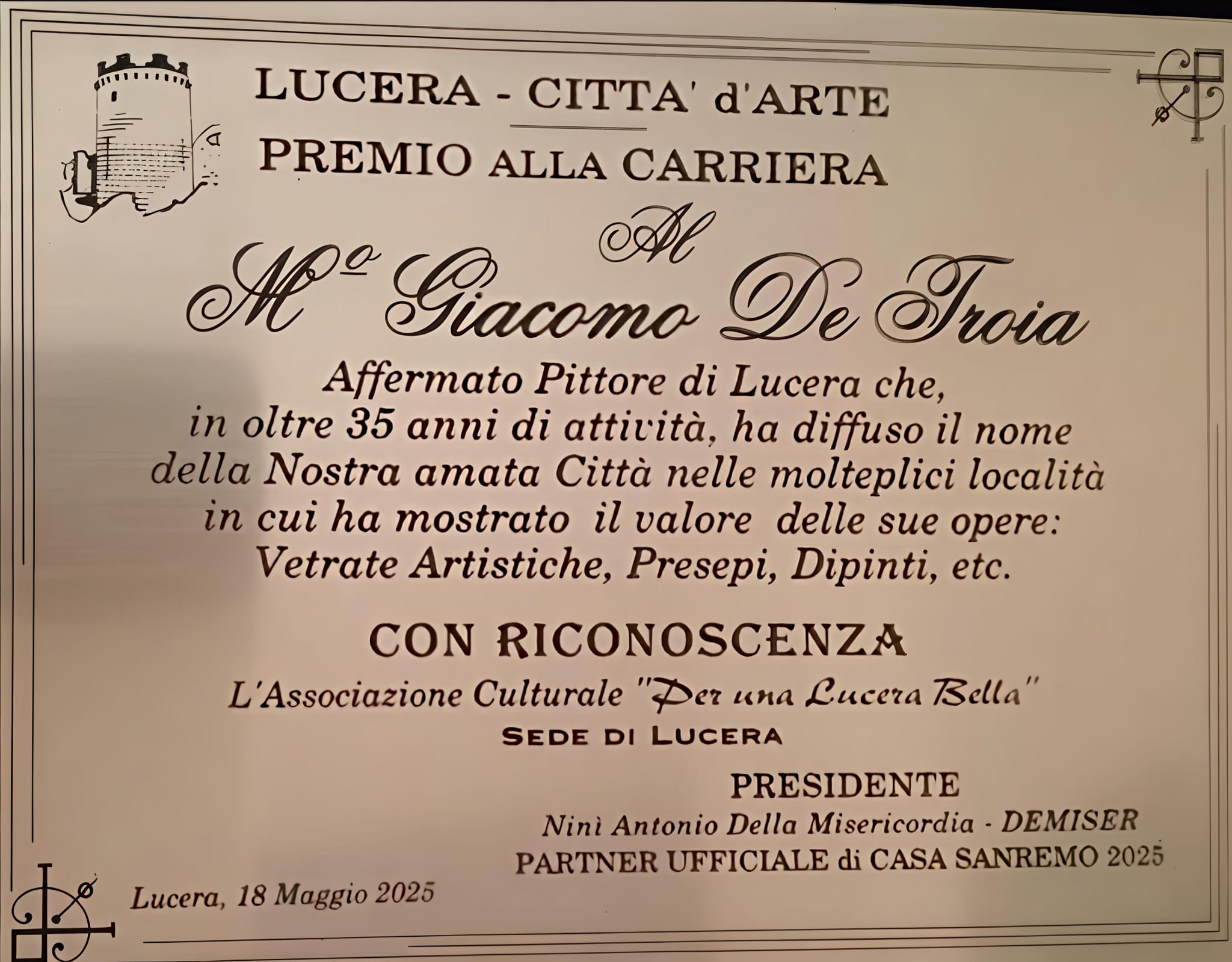 Targa Premio alla Carriera Lucera Città d'Arte 2025